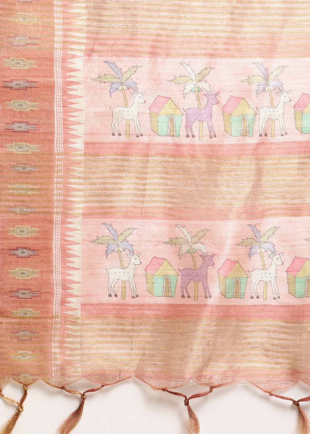 Beige Brown and Pink Soft Tussar Silk Saree with Kalamkari Art Prints