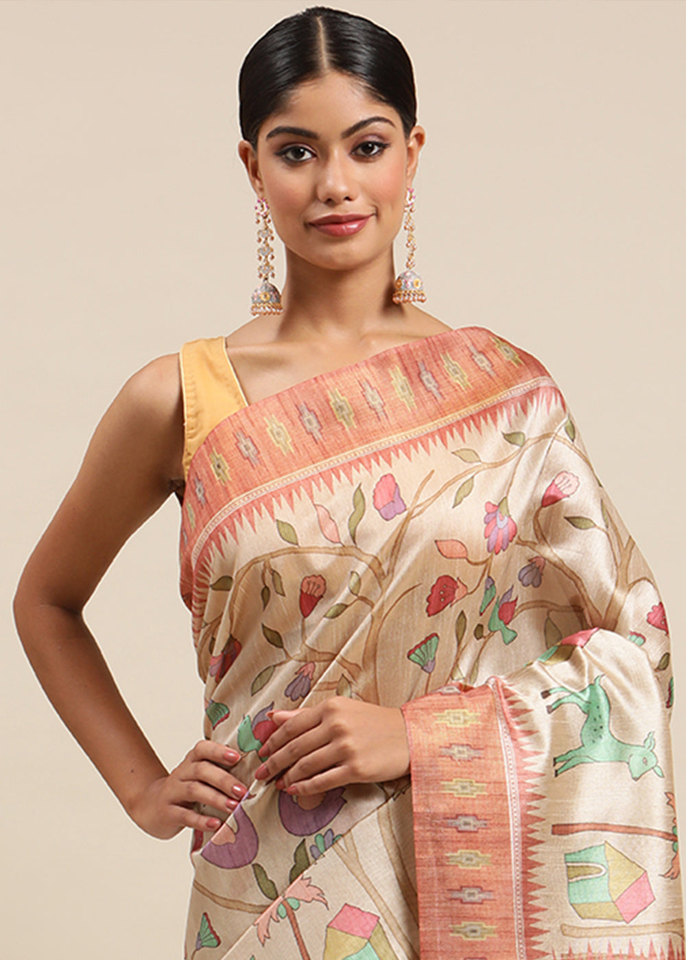 Beige Brown and Pink Soft Tussar Silk Saree with Kalamkari Art Prints