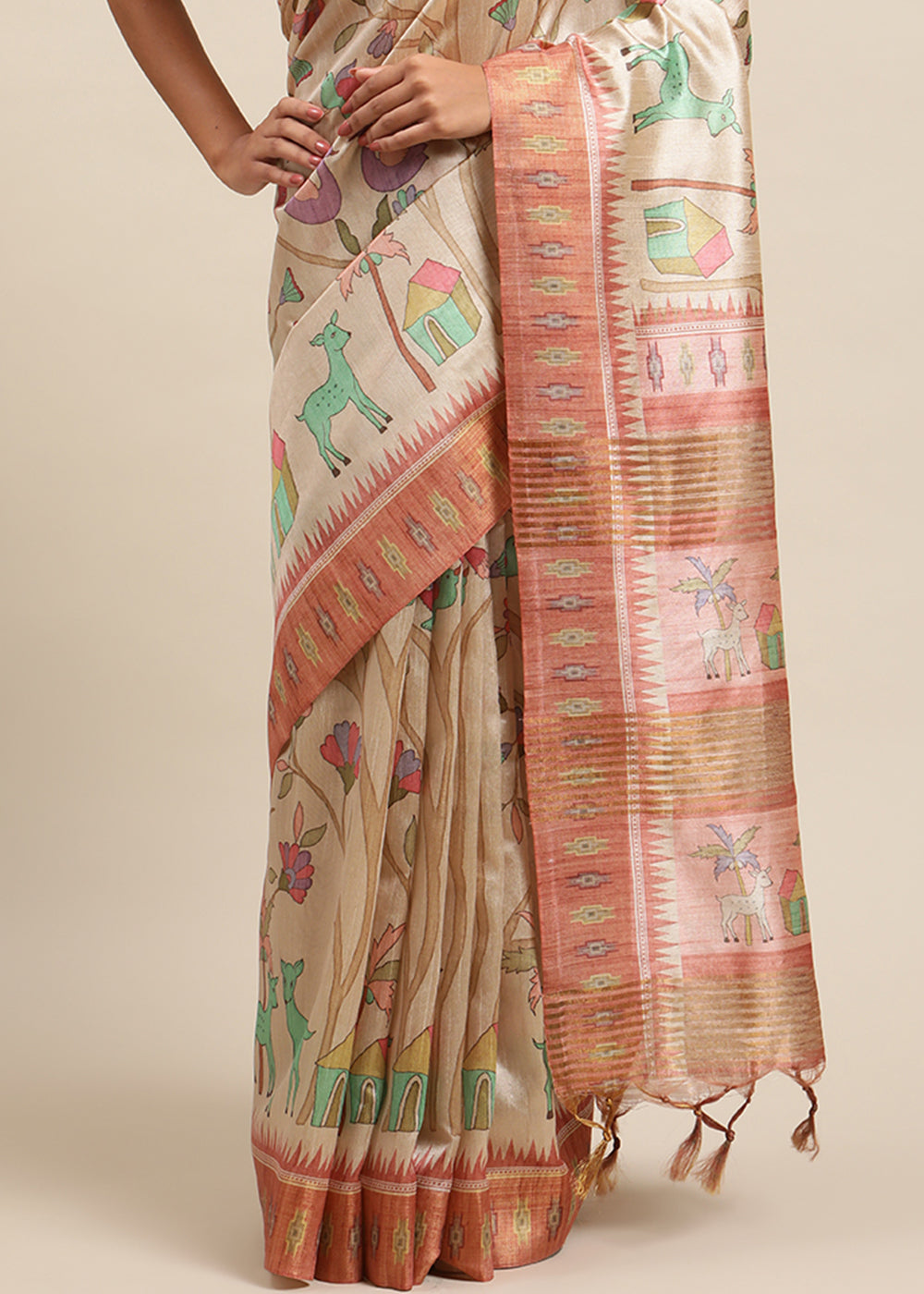 Beige Brown and Pink Soft Tussar Silk Saree with Kalamkari Art Prints