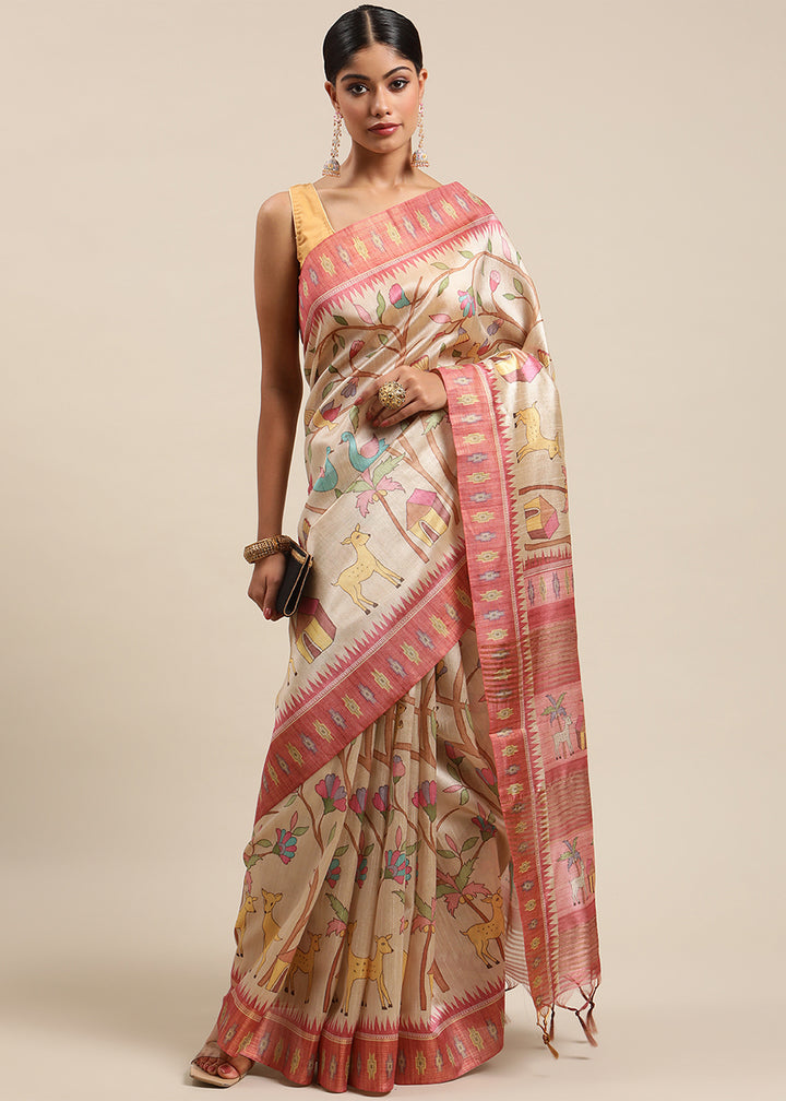 Beige Brown and Peach Soft Tussar Silk Saree with Kalamkari Art Prints