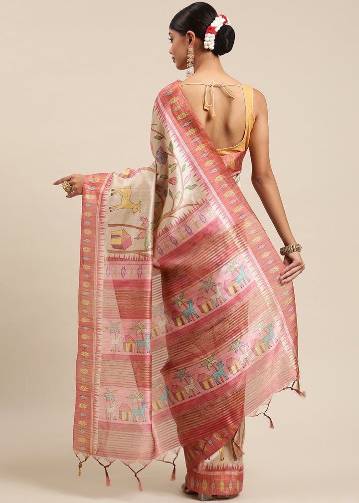 Beige Brown and Peach Soft Tussar Silk Saree with Kalamkari Art Prints