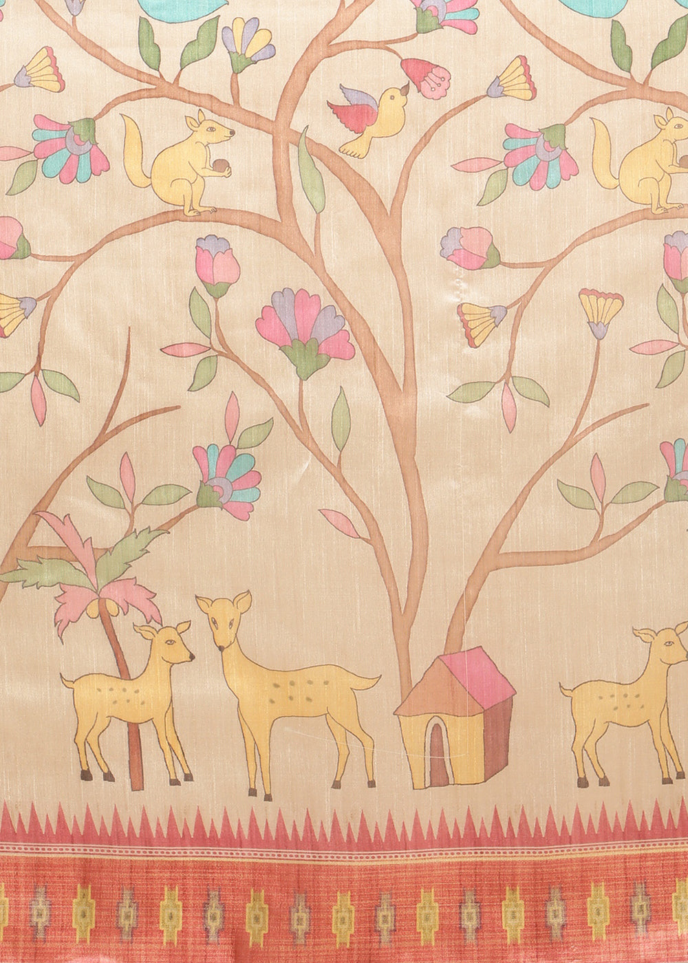 Beige Brown and Peach Soft Tussar Silk Saree with Kalamkari Art Prints