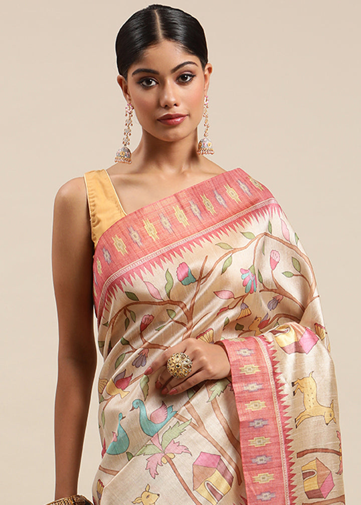 Beige Brown and Peach Soft Tussar Silk Saree with Kalamkari Art Prints