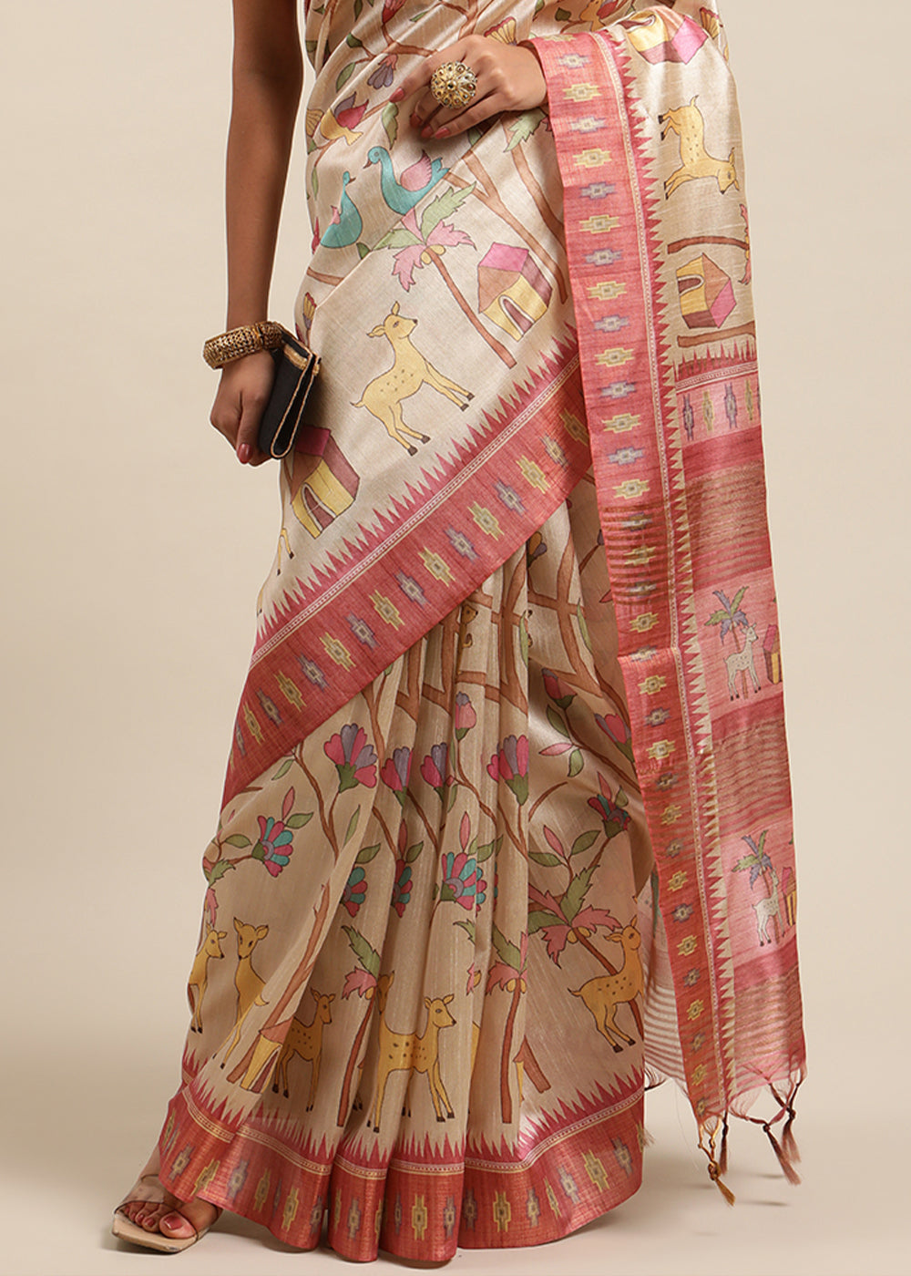 Beige Brown and Peach Soft Tussar Silk Saree with Kalamkari Art Prints