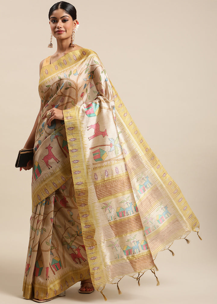 Beige Brown and Yellow Soft Tussar Silk Saree with Kalamkari Art Prints