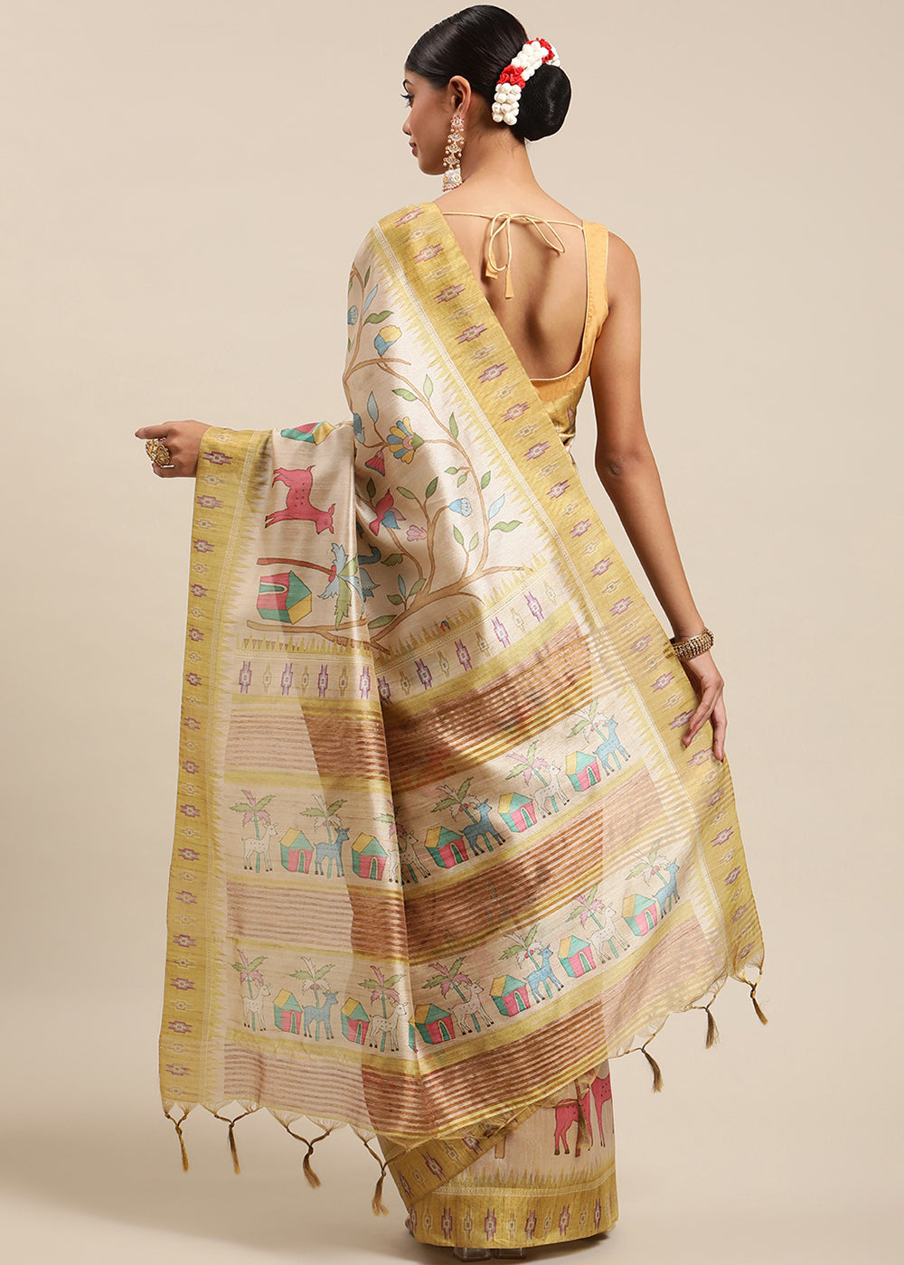 Beige Brown and Yellow Soft Tussar Silk Saree with Kalamkari Art Prints