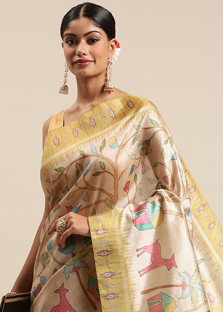 Beige Brown and Yellow Soft Tussar Silk Saree with Kalamkari Art Prints