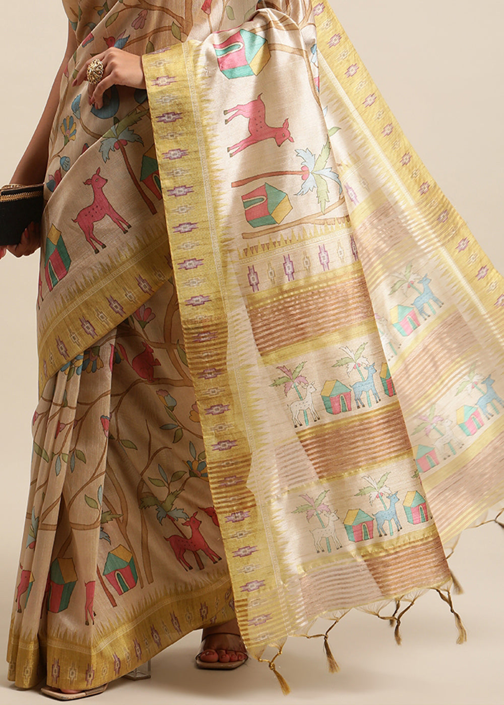 Beige Brown and Yellow Soft Tussar Silk Saree with Kalamkari Art Prints