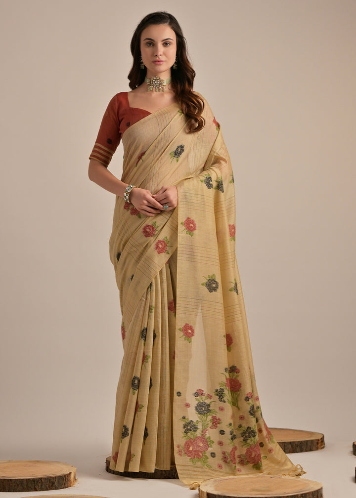 Chiku Brown Thread Woven Muga Cotton Saree for Breezy Summers