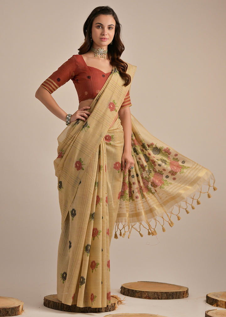 Chiku Brown Thread Woven Muga Cotton Saree for Breezy Summers