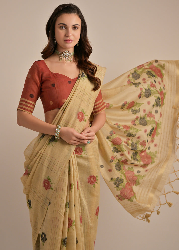 Chiku Brown Thread Woven Muga Cotton Saree for Breezy Summers