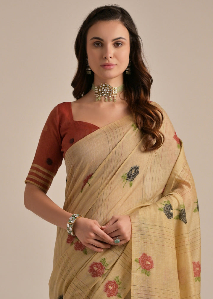 Chiku Brown Thread Woven Muga Cotton Saree for Breezy Summers