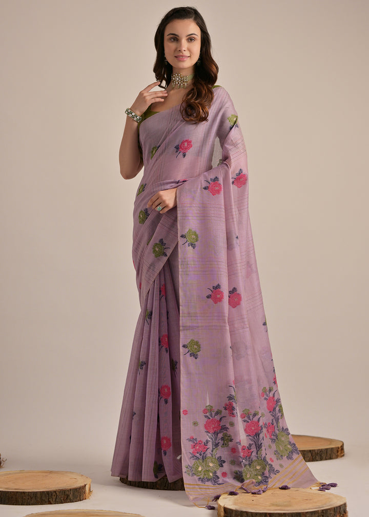 Periwinkle Purple Thread Woven Muga Cotton Saree for Breezy Summers