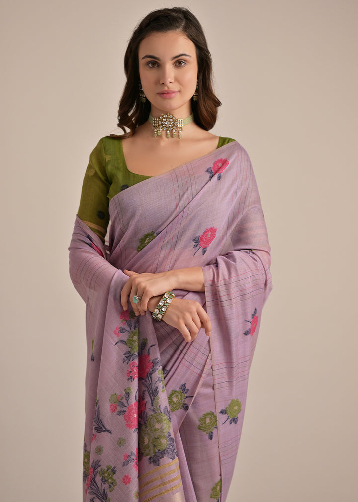 Periwinkle Purple Thread Woven Muga Cotton Saree for Breezy Summers