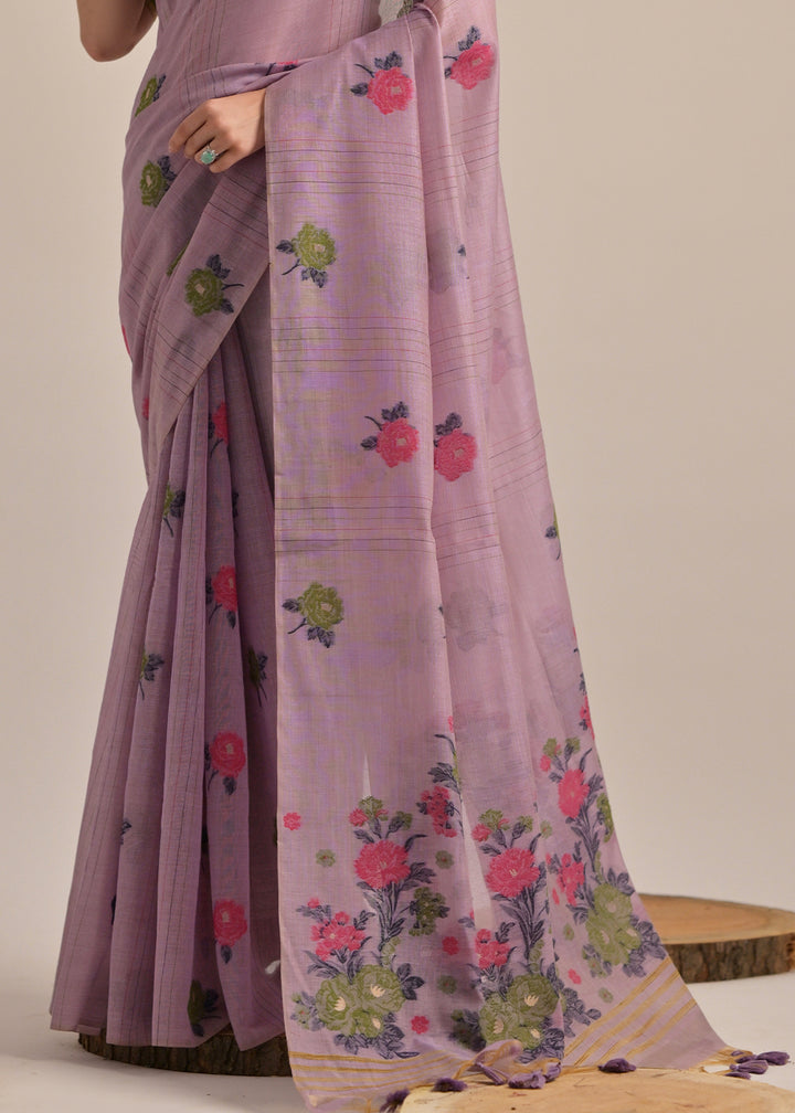 Periwinkle Purple Thread Woven Muga Cotton Saree for Breezy Summers