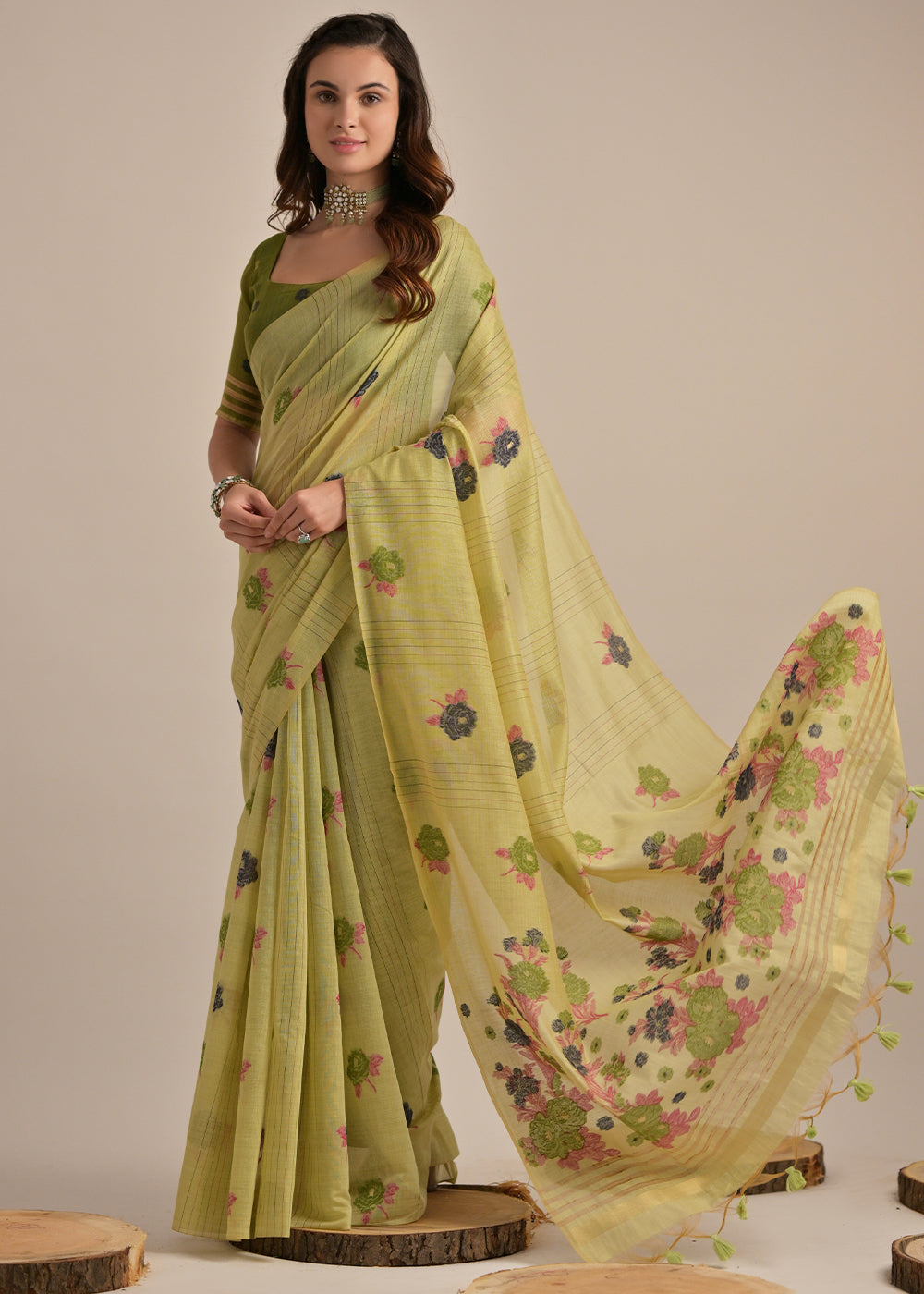 Pista Green Thread Woven Muga Cotton Saree for Breezy Summers