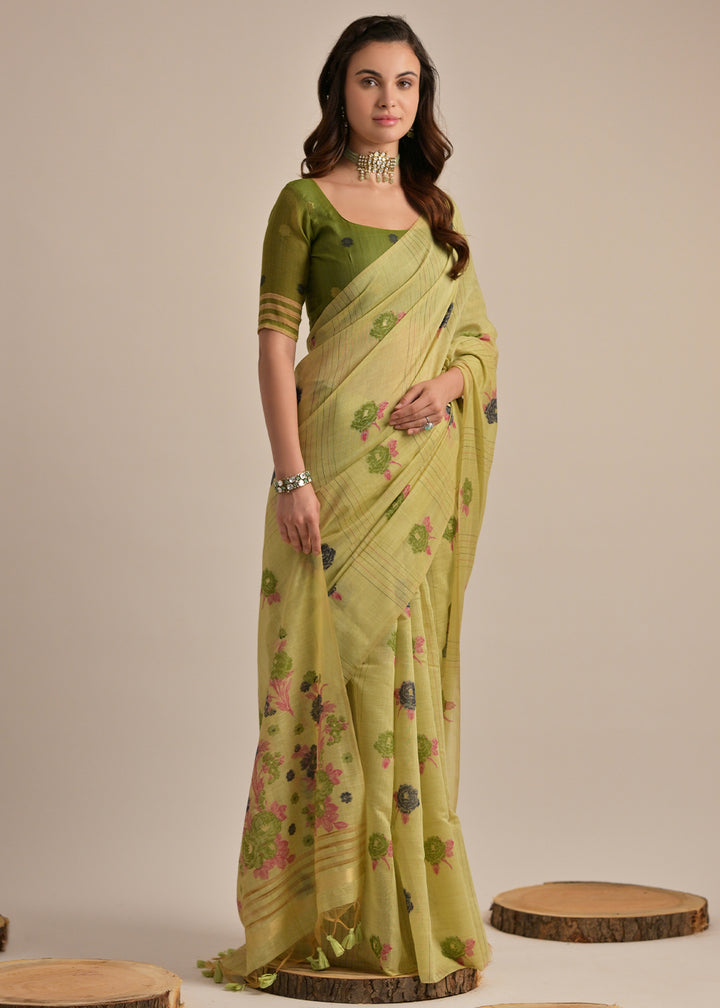 Pista Green Thread Woven Muga Cotton Saree for Breezy Summers