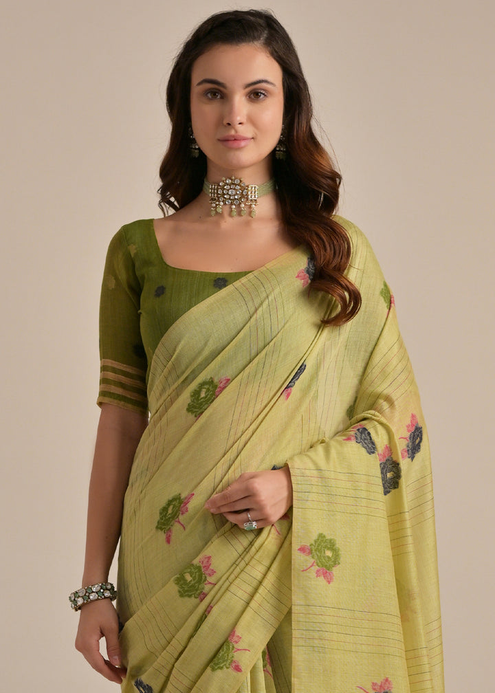 Pista Green Thread Woven Muga Cotton Saree for Breezy Summers