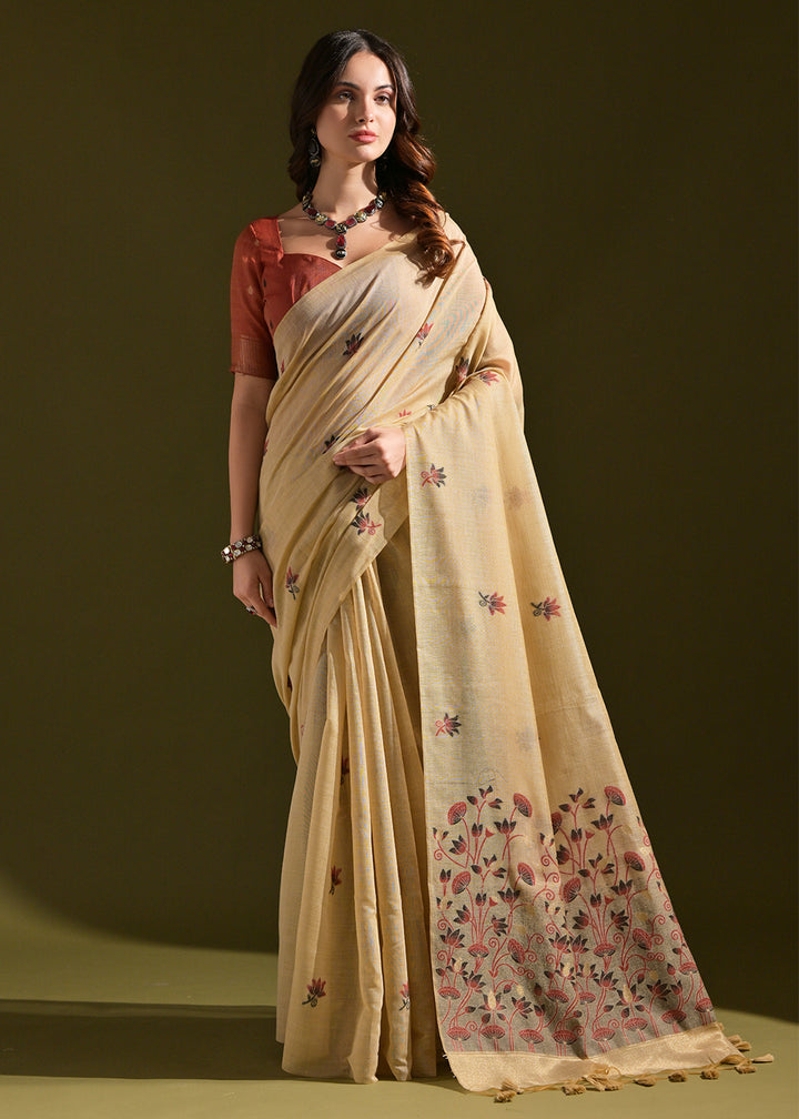 Beige Brown Lotus Thread Woven Muga Cotton Saree for Breezy Summers