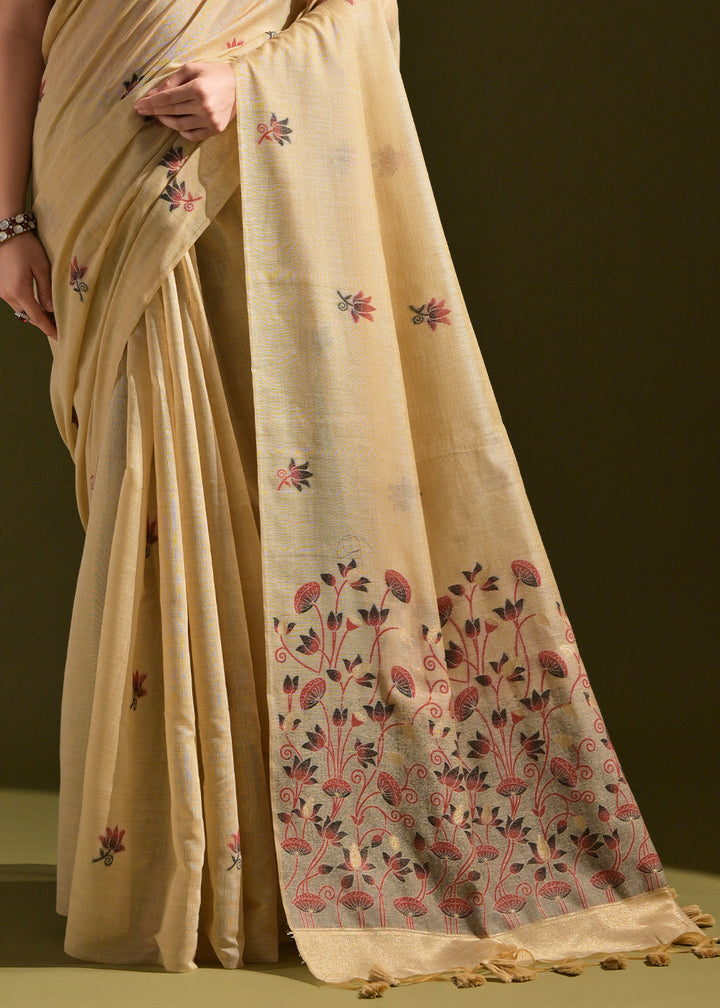 Beige Brown Lotus Thread Woven Muga Cotton Saree for Breezy Summers