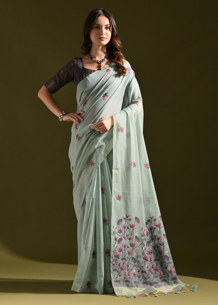 Light Blue Lotus Thread Woven Muga Cotton Saree for Breezy Summers