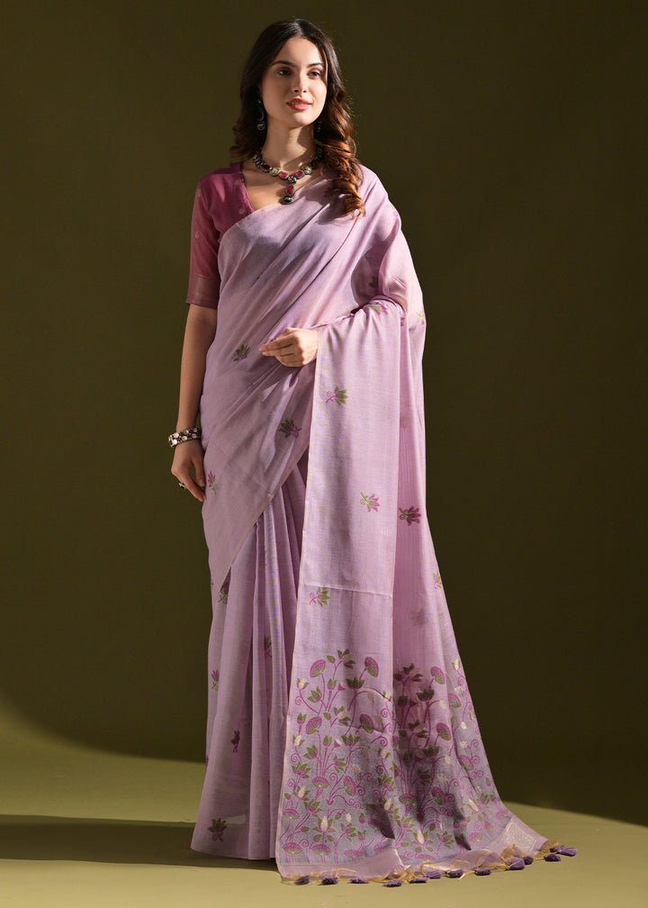 Pale Purple Lotus Thread Woven Muga Cotton Saree for Breezy Summers