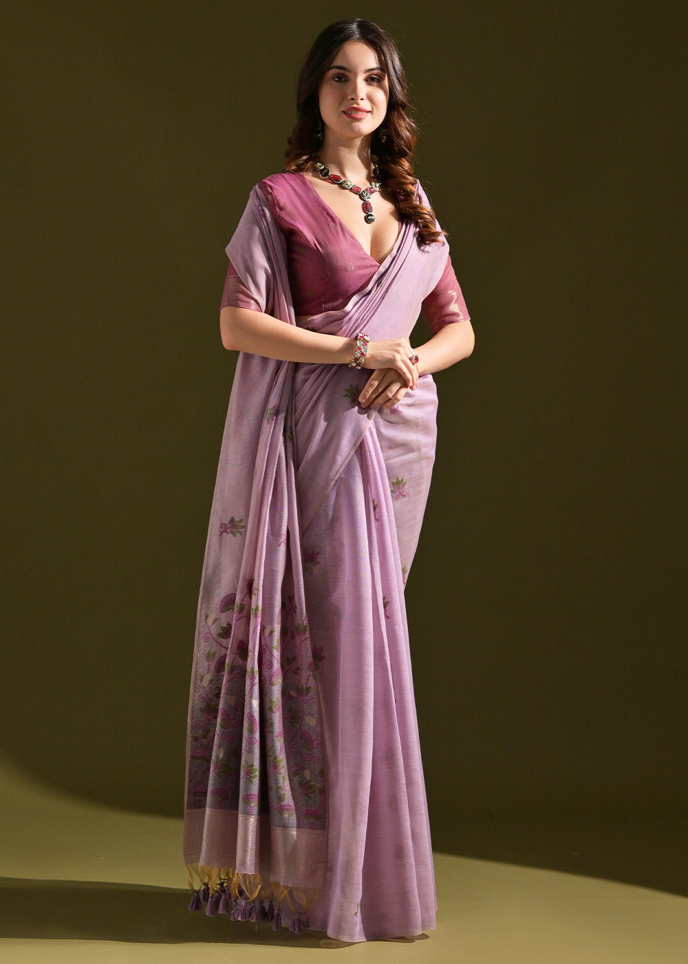 Pale Purple Lotus Thread Woven Muga Cotton Saree for Breezy Summers