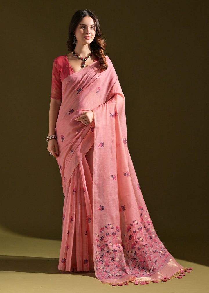 Rouge Pink Lotus Thread Woven Muga Cotton Saree for Breezy Summers