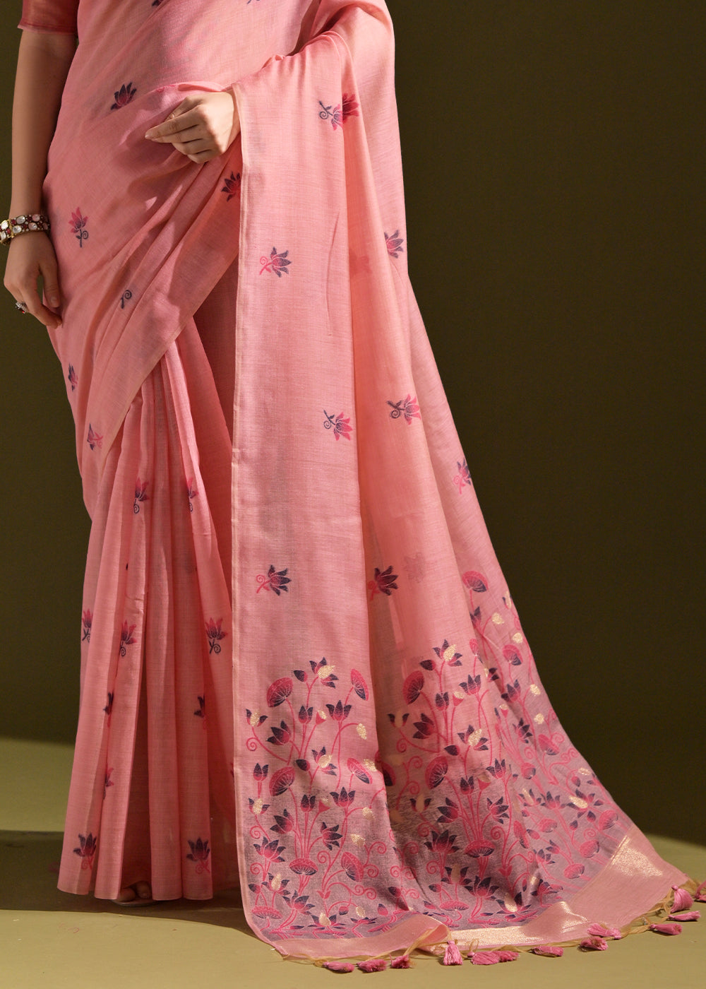 Rouge Pink Lotus Thread Woven Muga Cotton Saree for Breezy Summers