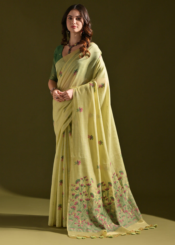 Olive Green Lotus Thread Woven Muga Cotton Saree for Breezy Summers