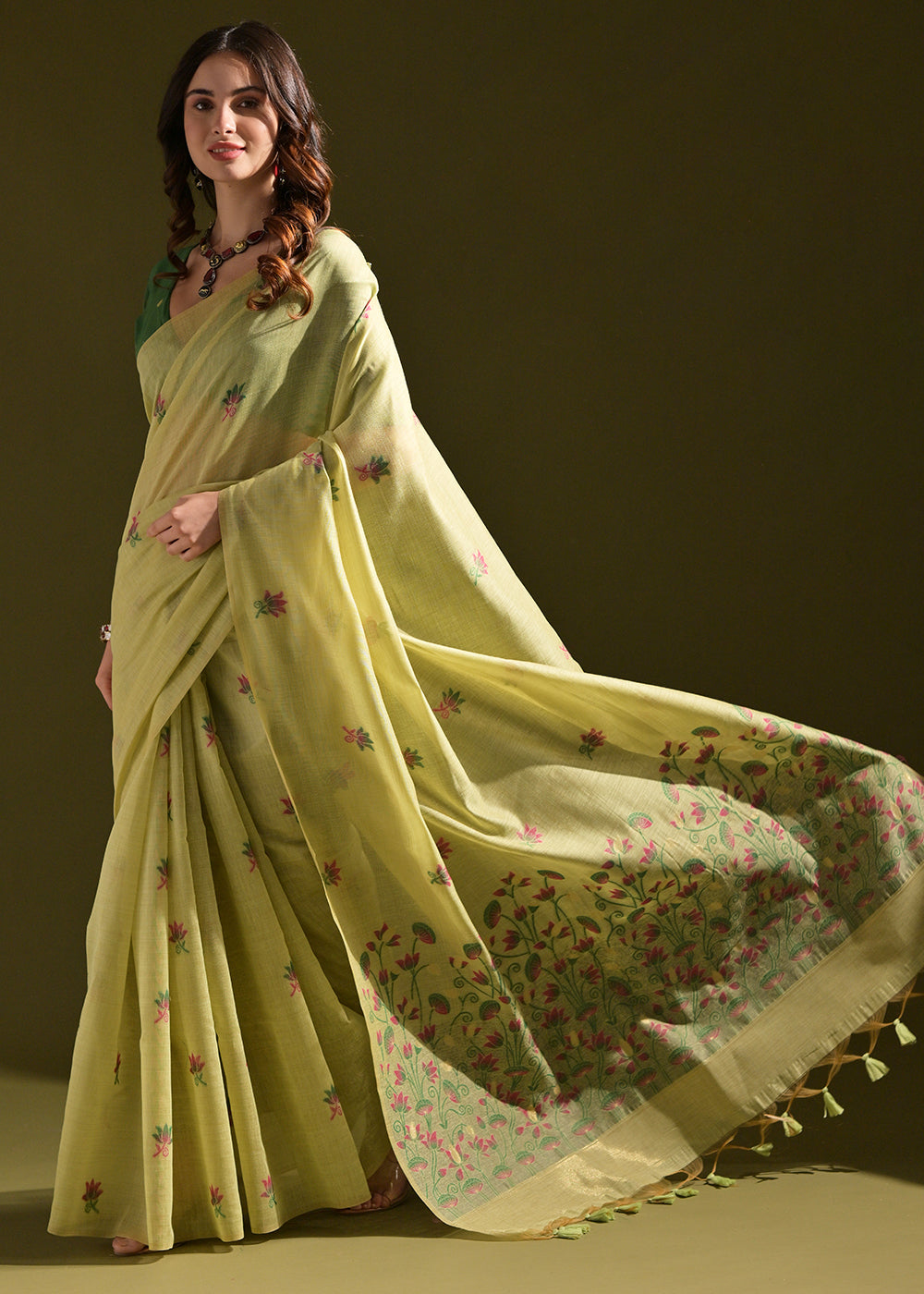 Olive Green Lotus Thread Woven Muga Cotton Saree for Breezy Summers