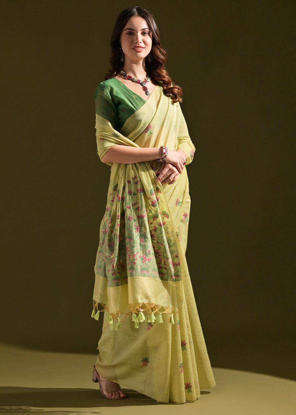 Olive Green Lotus Thread Woven Muga Cotton Saree for Breezy Summers