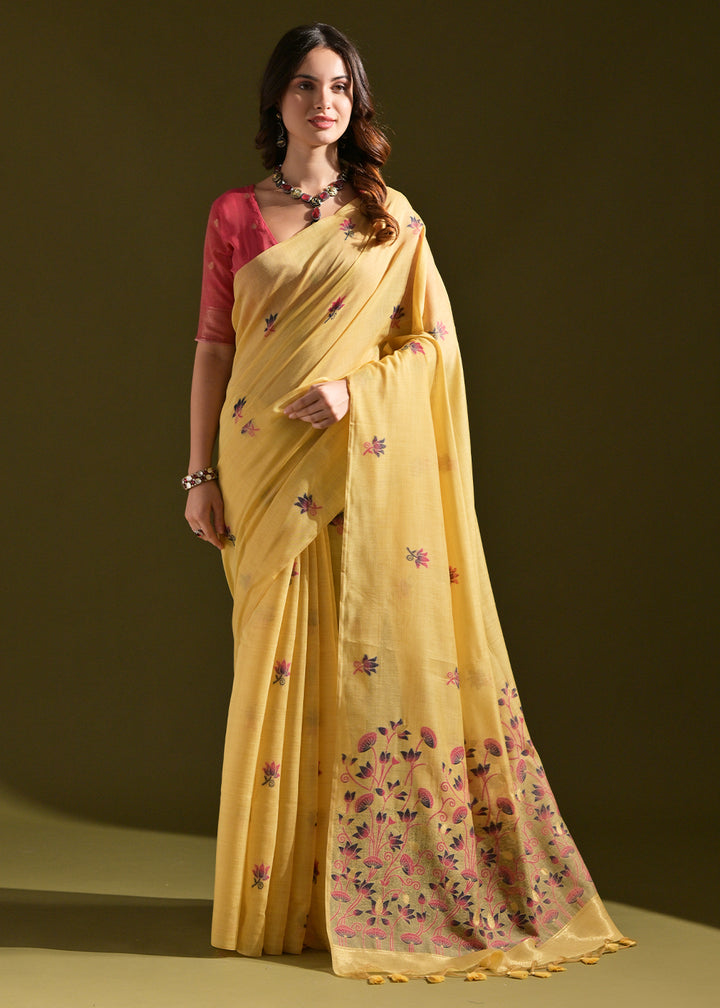 Cadmium Yellow Lotus Thread Woven Muga Cotton Saree for Breezy Summers