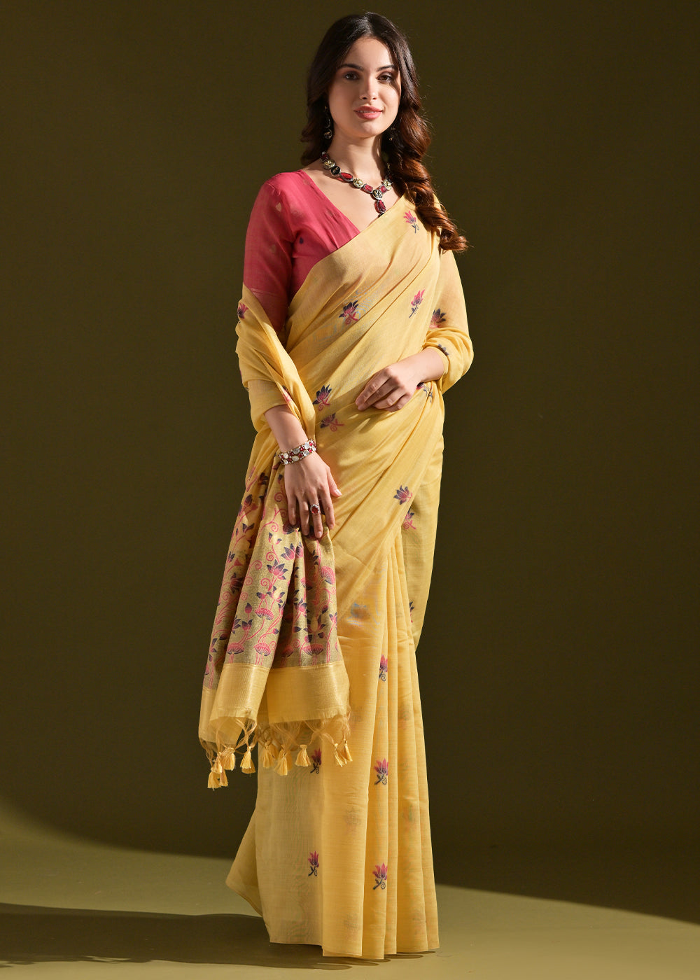 Cadmium Yellow Lotus Thread Woven Muga Cotton Saree for Breezy Summers