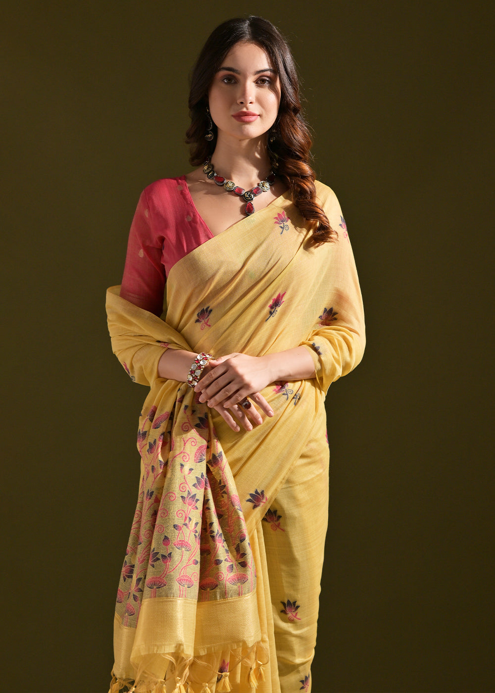 Cadmium Yellow Lotus Thread Woven Muga Cotton Saree for Breezy Summers