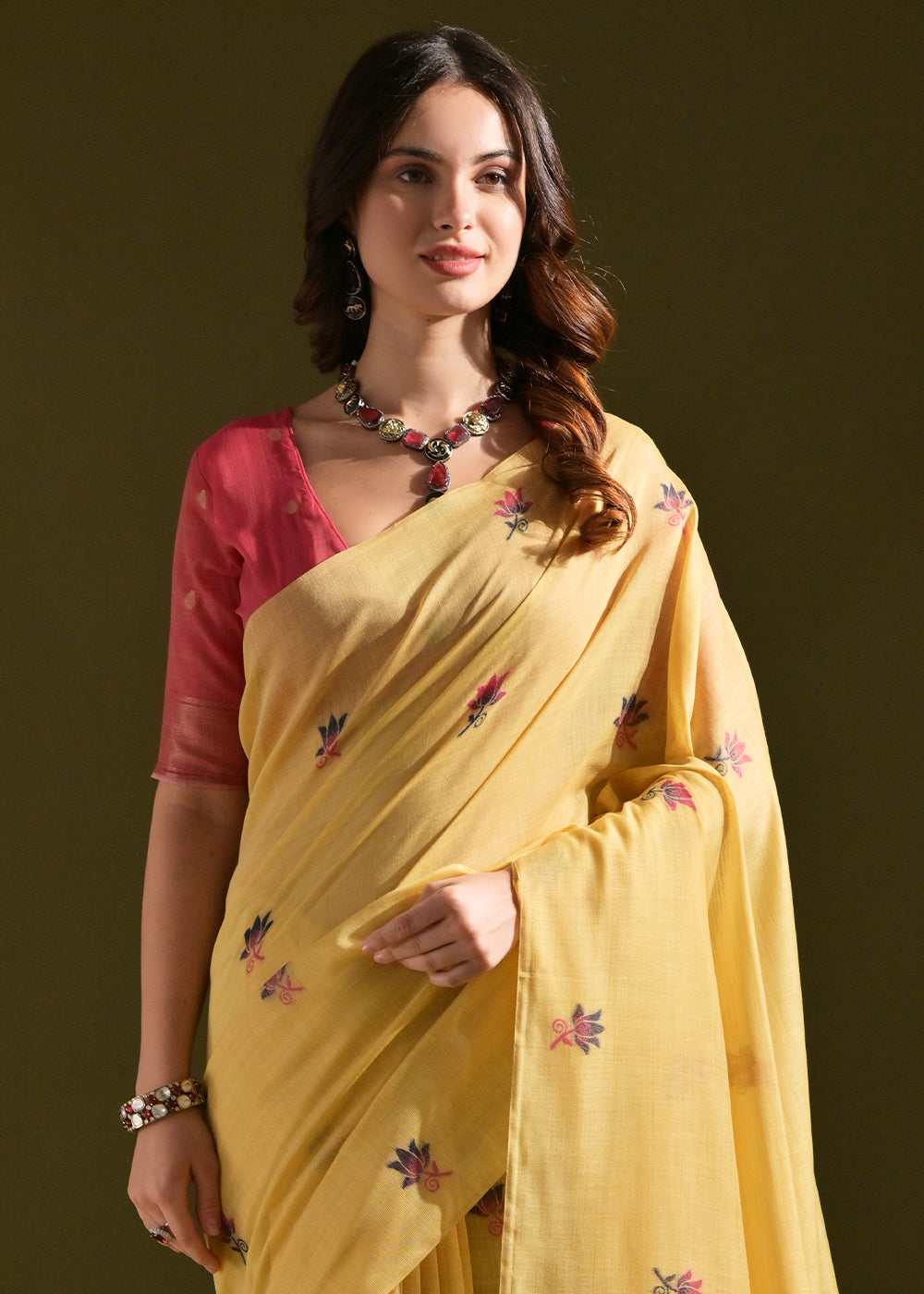 Cadmium Yellow Lotus Thread Woven Muga Cotton Saree for Breezy Summers