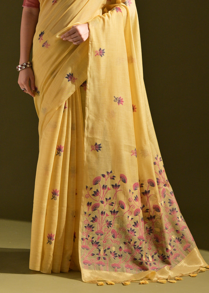 Cadmium Yellow Lotus Thread Woven Muga Cotton Saree for Breezy Summers