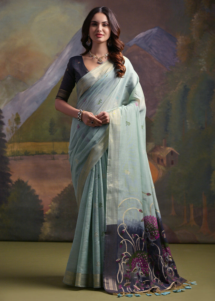 Light Blue Muga Cotton Saree with Peacock Thread Woven Pallu & Butti Weaves