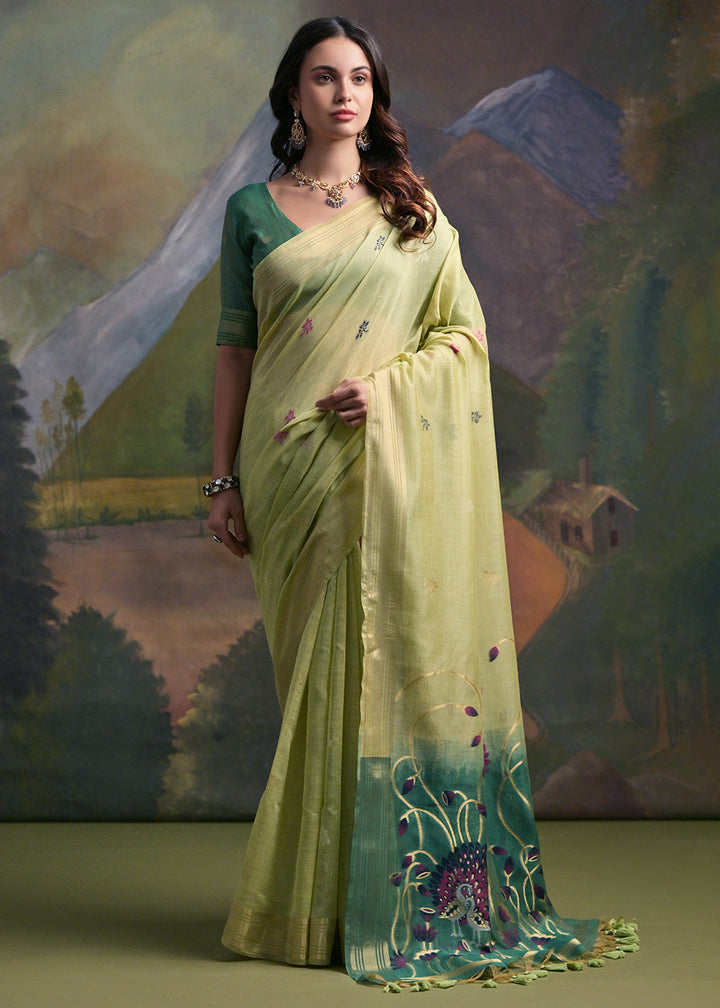 Shades Of Green Muga Cotton Saree with Peacock Thread Woven Pallu & Butti Weaves