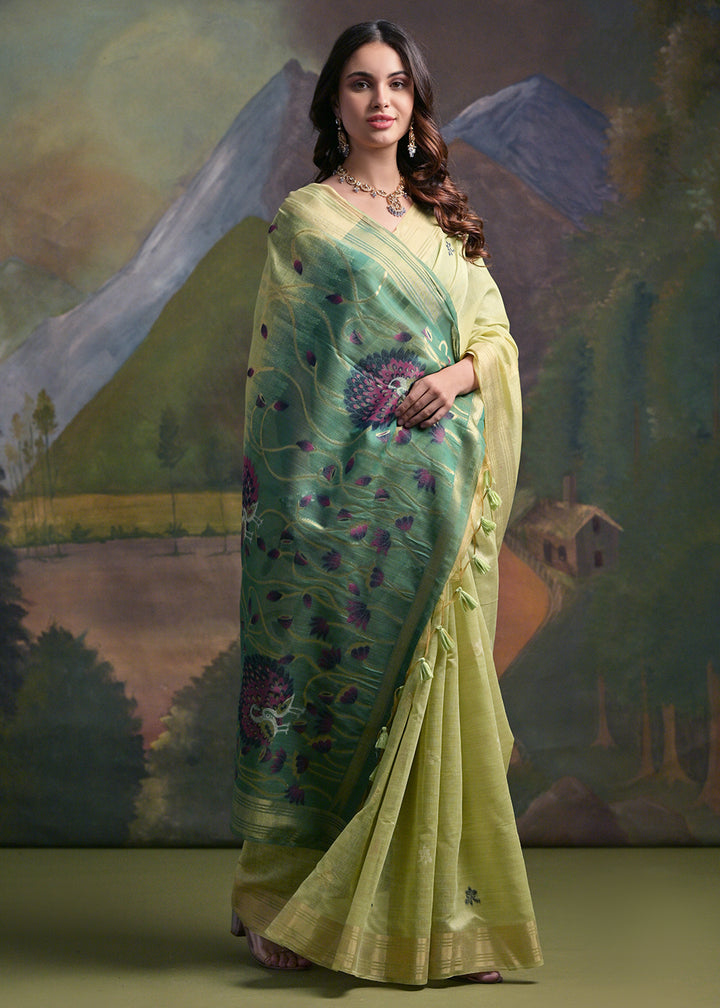 Shades Of Green Muga Cotton Saree with Peacock Thread Woven Pallu & Butti Weaves