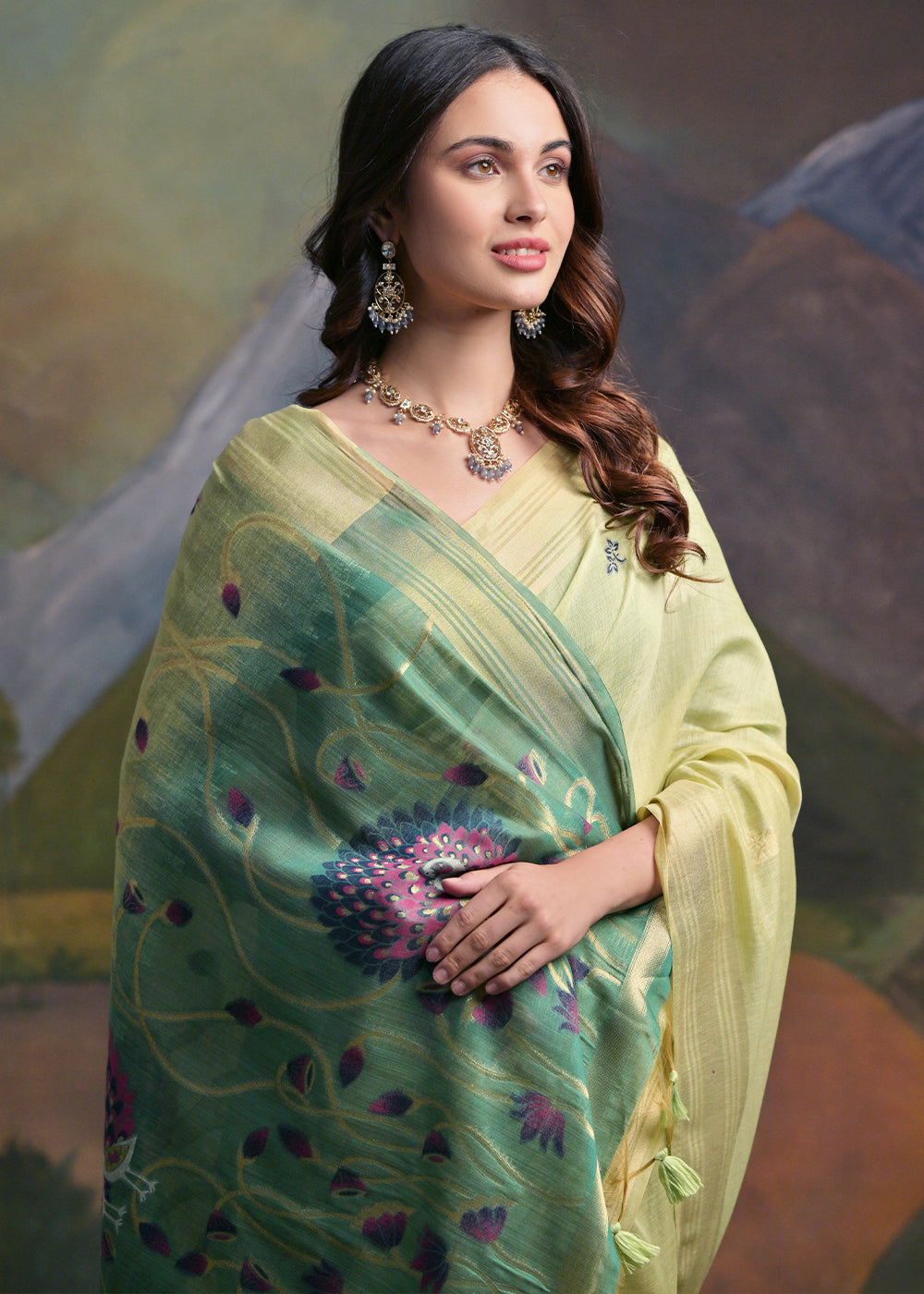 Shades Of Green Muga Cotton Saree with Peacock Thread Woven Pallu & Butti Weaves