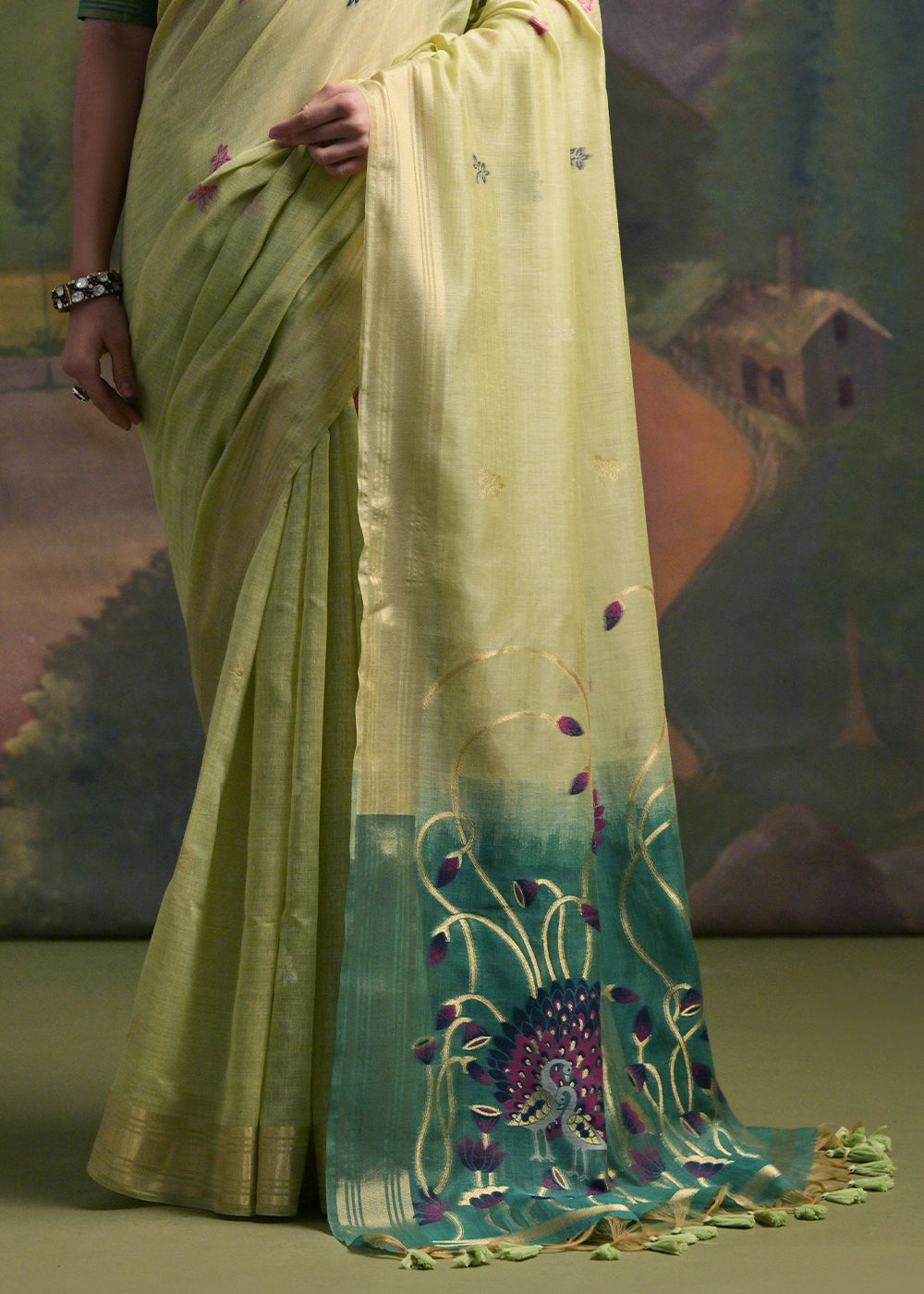 Shades Of Green Muga Cotton Saree with Peacock Thread Woven Pallu & Butti Weaves