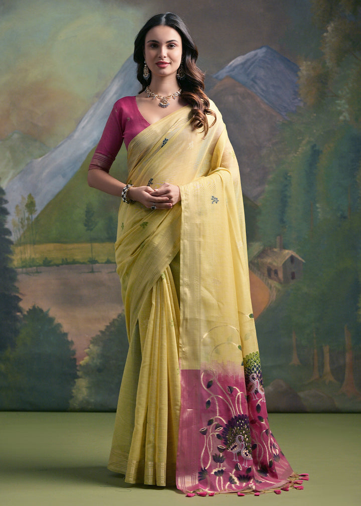 Blonde Yellow Muga Cotton Saree with Peacock Thread Woven Pallu & Butti Weaves