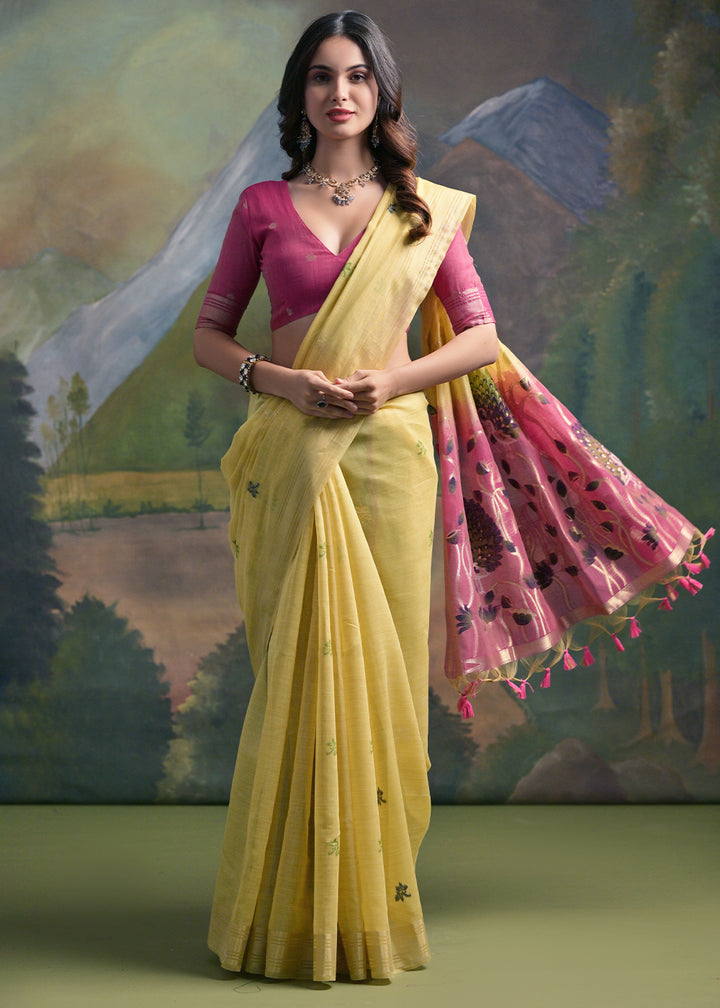 Blonde Yellow Muga Cotton Saree with Peacock Thread Woven Pallu & Butti Weaves