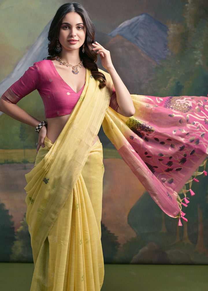 Blonde Yellow Muga Cotton Saree with Peacock Thread Woven Pallu & Butti Weaves