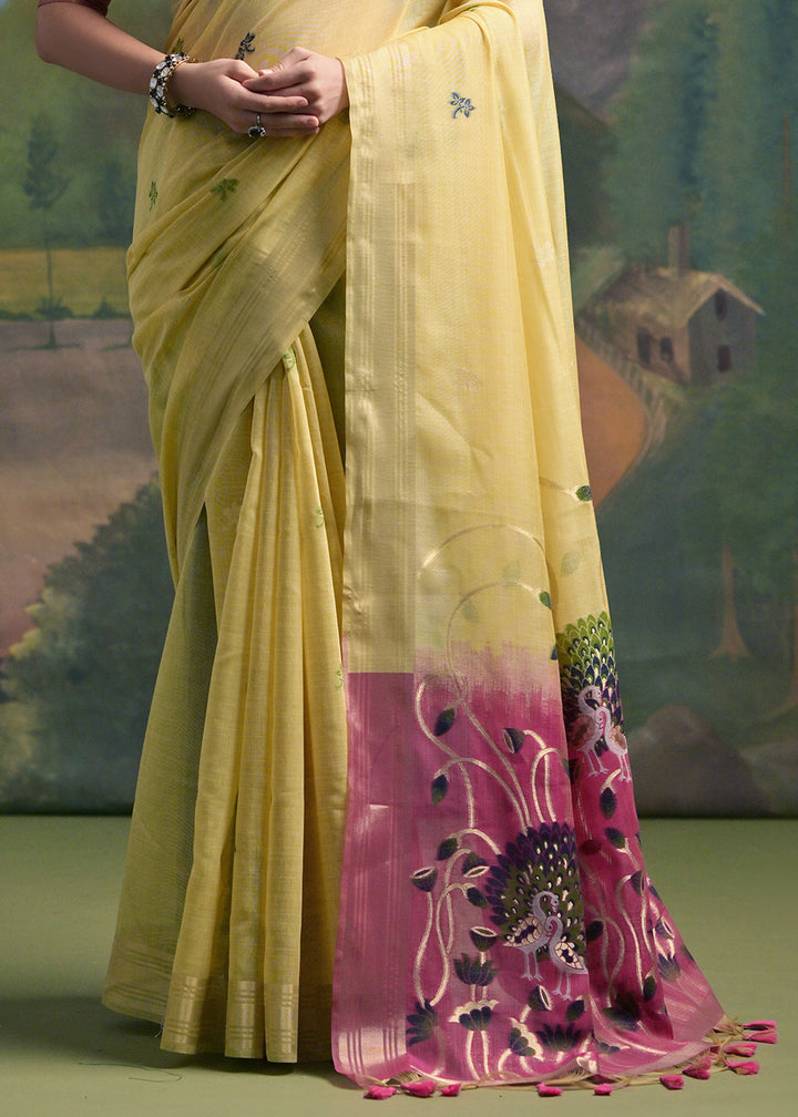 Blonde Yellow Muga Cotton Saree with Peacock Thread Woven Pallu & Butti Weaves