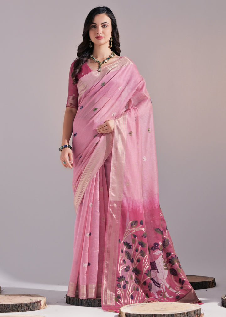 Shades Of Pink Muga Cotton Saree with Intricate Designer Pallu & Butti Weaves