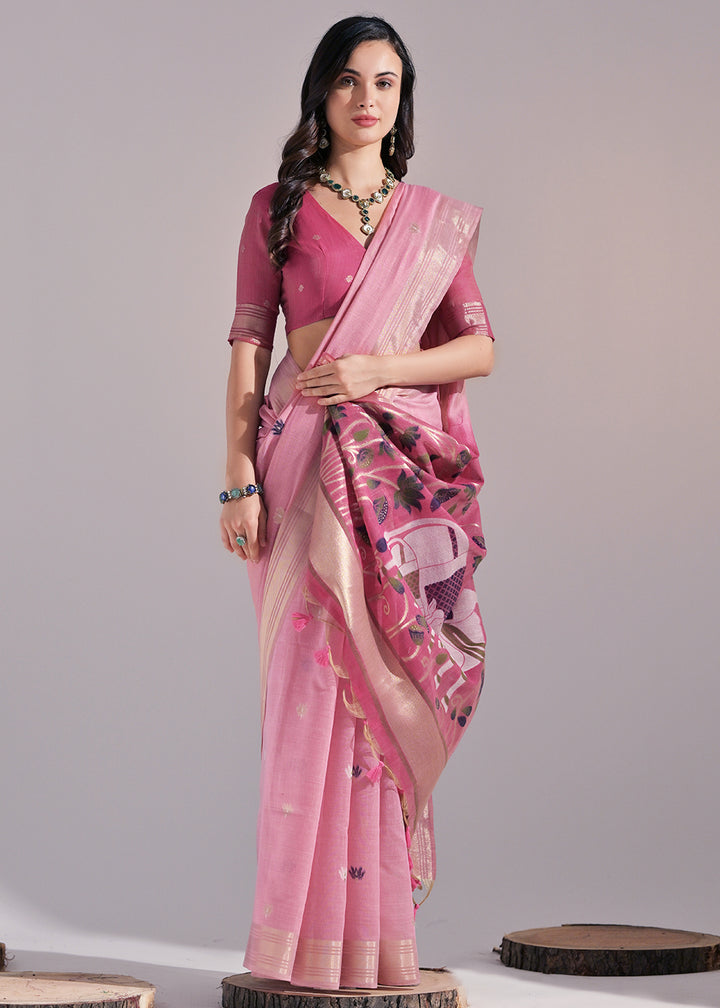 Shades Of Pink Muga Cotton Saree with Intricate Designer Pallu & Butti Weaves