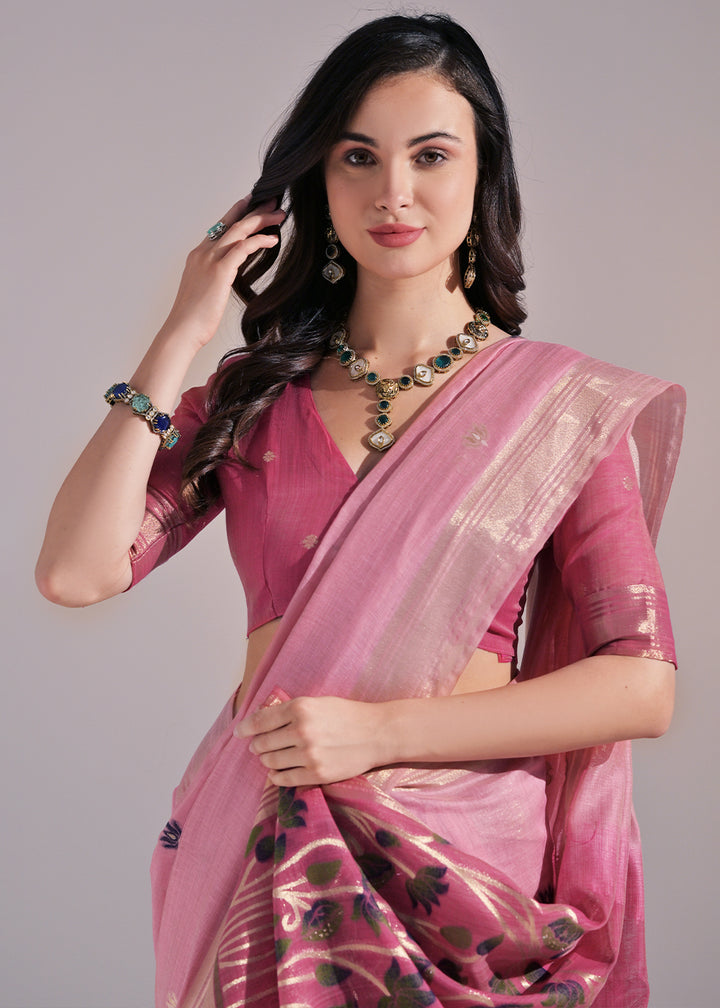 Shades Of Pink Muga Cotton Saree with Intricate Designer Pallu & Butti Weaves