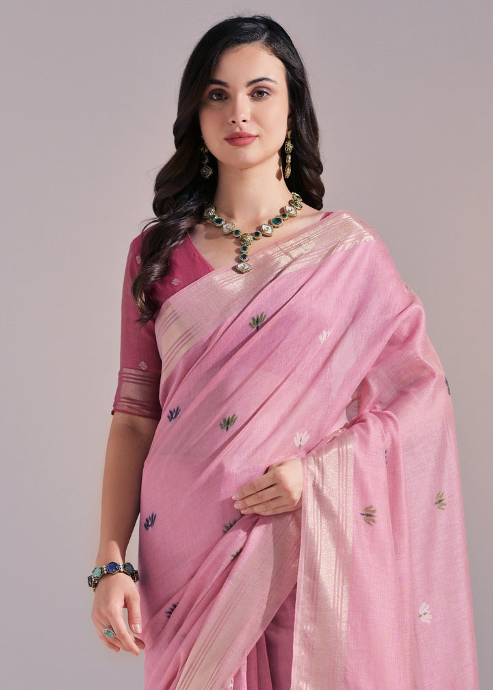 Shades Of Pink Muga Cotton Saree with Intricate Designer Pallu & Butti Weaves